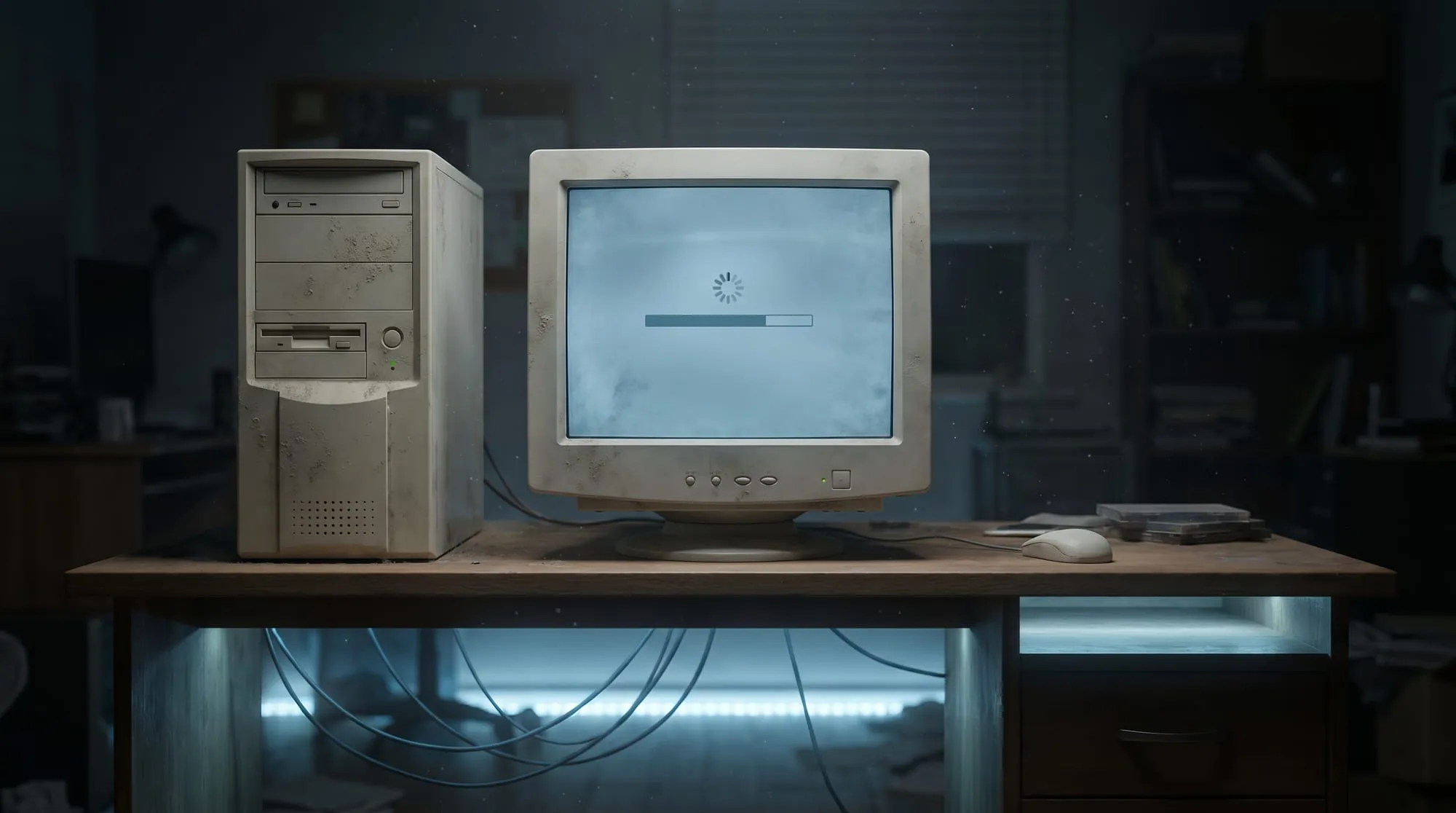 Oude trage desktop met een vastgelopen laadscherm
